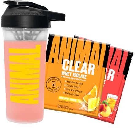 Animal Clear Whey Protein Isolate Sampler Pack - Peach Iced Teach (1 Stk.) & Pineapple Orange (1 Stk.) + Protein Shaker (1 Stk.) - leicht verdauliches & mischbares Isoclear - 20g Protein & 5g BCAAs