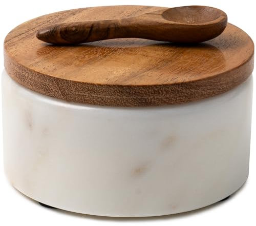 Cork & Mill White Marble Salt Cellar with Acacia Wood Lid and Spoon - Elegant Modern Salt Container for Countertop - Handcrafted Salt Box Keeps Salt Dry - Wide 4” Salt Pig with Non-Skid Feet