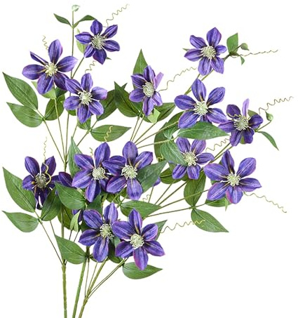 Yokawe Künstliche Clematis mit grünen Blättern, Zweigstiel, Zuhause, Hochzeit, Party, Kunstblumen-Dekoration, realistische künstliche Blumen für Innen- und Außenbereich, Garten, lebensecht,