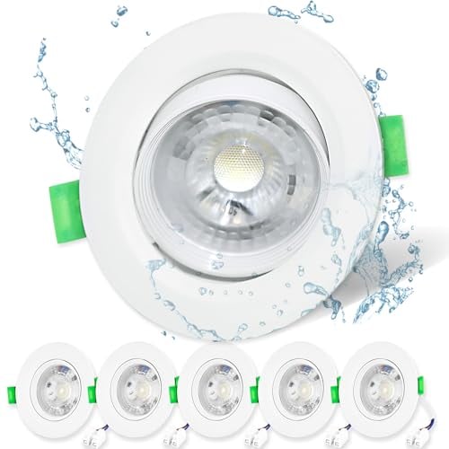 Mizlay 6er Set LED Einbaustrahler 230V 30° Schwenkbar 90mm (Lochmaß 72-80mm), Außen Spots 230V IP44 Kaltweiß 6000K 5W, Flach Deckenspots Einbauleuchten Einbauspot Rund Weiß für Badezimmer Innen Decke