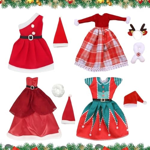 4 Stück Weihnachten Puppenkleidung Kleidung,Kleidung für Puppen,Weihnachten Puppe Zubehör für 30 cm Puppen zubehör,mit Röcke,Mützen,Schals(Geeignet für Erwachsene)