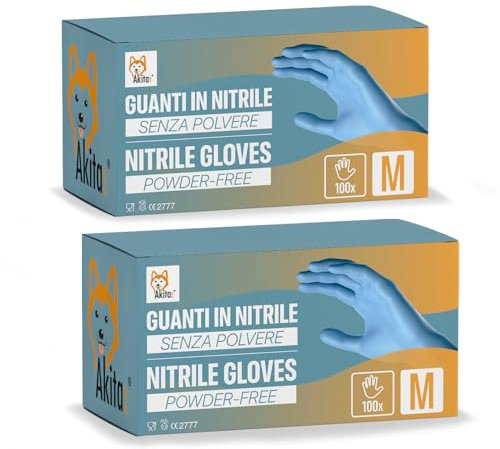 AKITAInk Guanti in Nitrile Blu senza polvere, senza lattice - Ipoallergenici, Resistenti, Ideali per Ambiti Medici e Alimentari per Estetisti, Tatuatori, Ambiti Medici, guanti per alimenti (200, M)