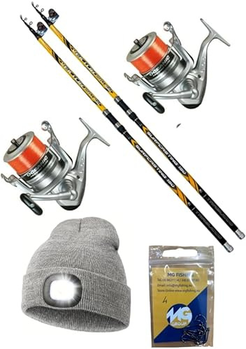 MG FISHING Kit Surfcasting Completo 2 Canne Trabucco Vektor 150gr + 2 Mulinelli Trabucco Oceanic 8000 + Cappello Con lampada integrata e 1 Bustina Ami MG FISHING OMAGGIO