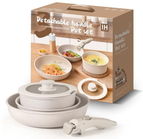 Set di pentole e padelle antiaderenti, set di 5 pentole con manici rimovibili, set di pentole antiaderenti, set di pentole da cucina a induzione non tossiche set di pentole per camper, set di pentole