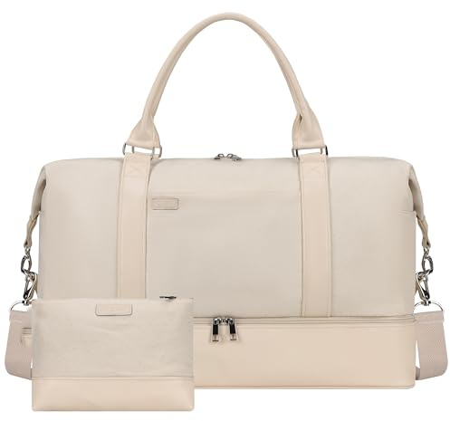 Oeihuivt Weekender Bags für Damen – 53,3 cm große Reisetasche, 2-teiliges Set mit Schuhfach, strapazierfähiges Canvas-Leder, Handgepäcktasche für die Nacht, Beige + 1 Extra-Packung, Wochenende
