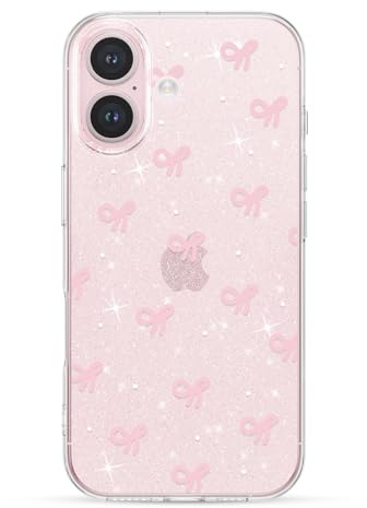 ZTOFERA Case for iPhone 16, Glitter Clear Case with Cute Bowknot Pattern, Girls Women Bling Sparkle Transparent Soft Flexible TPU Shockproof Protective Phone Case, Little Pink Bow