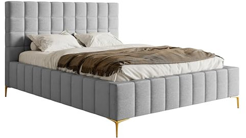 Selsey Bett Polsterbett Doppelbett 140 x 200 cm Mit Bettkasten Metallrahmen Goldene Beine Gasdruckfeder Schlafbett Chenille Hellgrau Szejlo