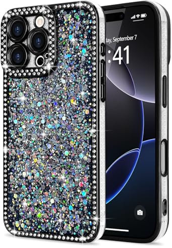 Lafunda for iPhone 16 Pro Case for Womens Girls, Luxury Bling Glitter Diamond Crystal Festival Shiny Case Camera Protection Shockproof Silicone TPU Phone Cover for iPhone 16 Pro 6.3, Black