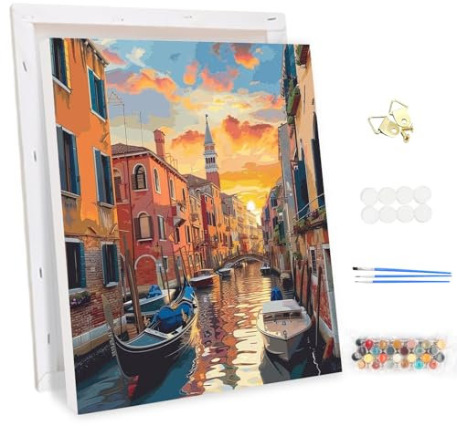 MEIYUDA Peinture par Numero Adulte avec Cadre Venise Nocturne, DIY Peinture Acrylique pour Adultes Débutants Facile sur Toile Avec Peintures et Pinceaux Decoration Maison Cadeau 30x40cm