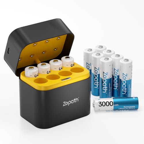 Zepath AA Rechargeable Lithium with Battery Charger, 12 Pack 3000mWh High Capacity Rechargeable 1.5V Constant Output AA Lithium, Battery Storage Fast Charging