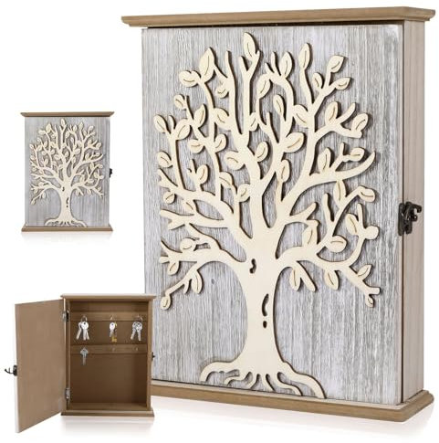 OUZHOU Schlüsselkasten Holz, Schlüsselkasten Vintage Mit 6 Schlüsselhaken, Schlüsselbox mit Metallverschluss für Schlüsselhalter, Schmuck, kleine Gegenstände