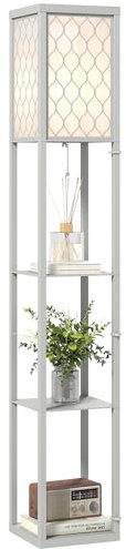 HOMCOM Floor Lamp with Shelves, Single Light, Modern Tall Standing Lamps for Living Room, Bedroom, with Chain Switch, Bulb not Included, Light Grey