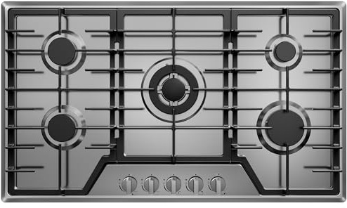 36 Inch Gas Cooktop 5 Sealed Burners, Stainless Steel Drop-in Stovetop Dishwasher Safe Cast Iron Grates, NG/LPG Convertible, 38K BTU