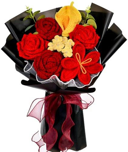 Wishwell Pop Crochet Flower Bouquet, Rose Tulip Calla Lily Flowers, Red | Handmade Knitted Flower Gift for Girlfriend, Wife, Partner, Loved Ones on Valentine's Day, Engagement, Wedding, Anniversary