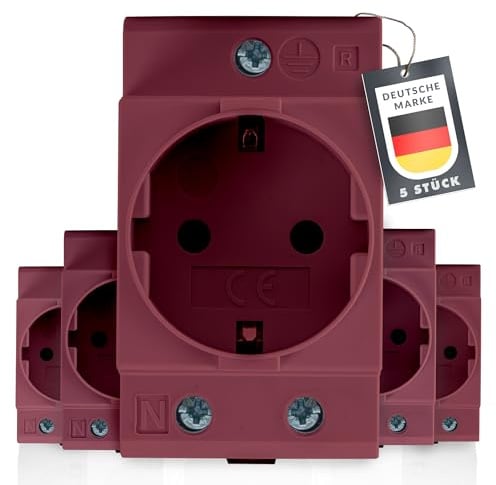 Schuko Steckdose [GS16] für Hutschiene 16A 230V 2P+E – 5er Pack Dunkelrot – Schutzkontaktsteckdose für 35 mm DIN-Hutschiene – Einbausteckdose für Verteiler- & Schaltschrank