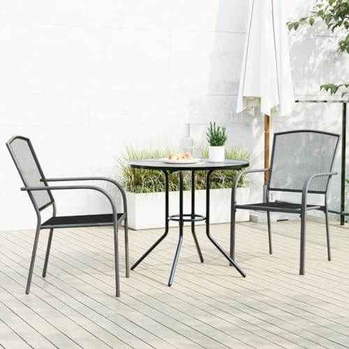 QJBSAVVA 3-TLG. Gartenmöbel Set Anthrazit pulverbeschichteter Stahl 55x61x87 cm stapelbare Bistrostühle & 80 cm Gittertisch Modernes Design Robust für Balkon Terrasse Garten und Küche