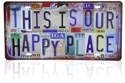 Vintage License Plate Wall Decor THIS IS OUR HAPPY PLACE, Colourful Text Metal Tin Sign for Home Bar Garage Garden Living Room, Rustic Metal Wall Art Plaque with Pre Drilled Holes, 12.1 x 6.1 Inches