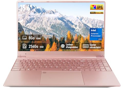 Ordinateur Portable 15,6, 8Go RAM 256Go SSD, Processeur Celeron N5095, PC Portable Étudiant FHD IPS avec Clavier rétroéclairé, Empreinte digitale, USB 3.0, Wi-Fi 5, HDMI, BT5.0, Win11, Or rose