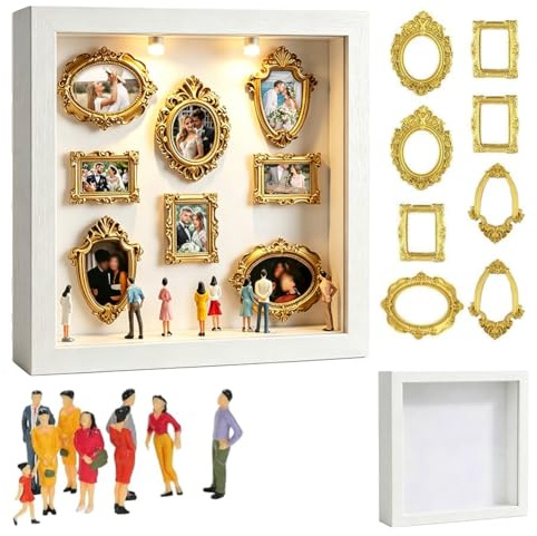 DIY Mini Museum Shadow Box LED Licht Mini Museum Bilderrahmen Set | Vintage Miniatur Bilderrahmen zum Befüllen mit 8 goldenen Rahmen und 8 Figuren für Hochzeit Jahrestag Heimdekoration