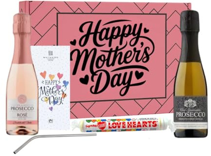 Mother's Day Prosecco Gift Set, Prosecco & Rosé | 2 x 20cl Mini Bottles, Whitakers Chocolate Love Hearts, Metal Straw, Pink Happy Mothers Day Gift Box