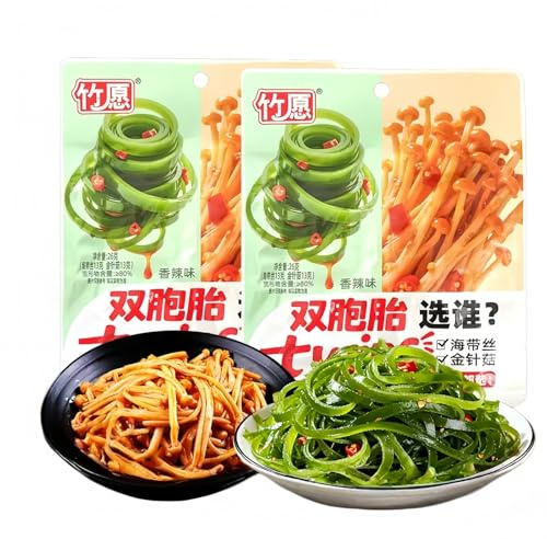 TraiHuyan Snack champignon Enoki et algues | 260g (10 sachets) | Saveur mixte champignons et algues | Type latiao | Riche en fibres | Prêt à manger en accompagnement | Snack chinois végétalien
