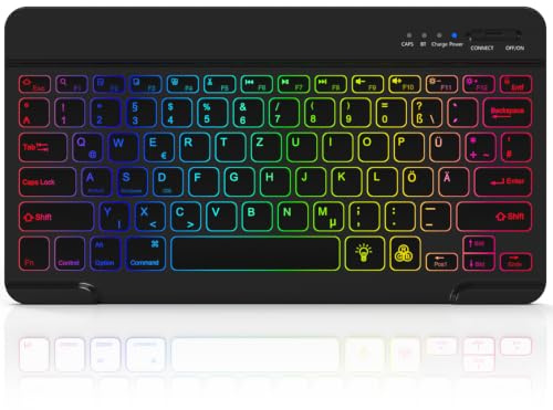NEWCOO Bluetooth Tastatur mit Hintergrundbeleuchtung in 7 Farben | Tablet Tastatur mit deutschem Layout QWERTZ für iPad/iPhone, Samsung/Xiaomi/Honor Pad (Kompatibel mit Windows, Android, IOS)