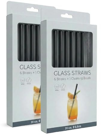 perlopur Trinkhalme 12 Glasstrohhalme gerade (schwarz) +2 Reinigungsbürsten | Umweltfreundliche, stilvolle Alternative zu Plastikhalmen, mit Reinigungsbürsten, für Smoothies, Cocktails, Heissgetränke…