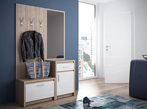 naka24 Kompaktgarderobe Garderobe mit Spiegel Agro 115x189x40 cm Spanplatte (Eiche Nelson/Weiss Hochglanz)