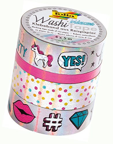 folia 26426 - Washi Tape, Klebeband aus Reispapier, Hotfoil irisierend silber, 4er Set - ideal zum Verzieren und Dekorieren