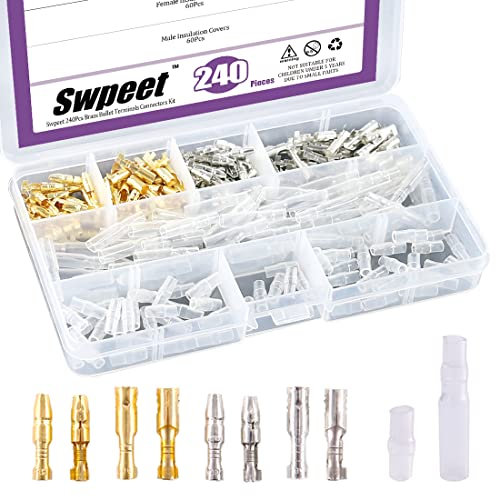Swpeet - Set di connettori a proiettile, da 3,9 mm, in ottone, connettori maschio e femmina, con copertura isolante per moto, scooter, auto, camion, con manicotto isolante