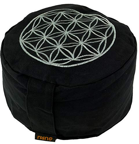 GURU SHOP Besticktes Meditationskissen mit Dinkel Füllung - Blume des Lebens Schwarz, Baumwolle, 15x25x25 cm