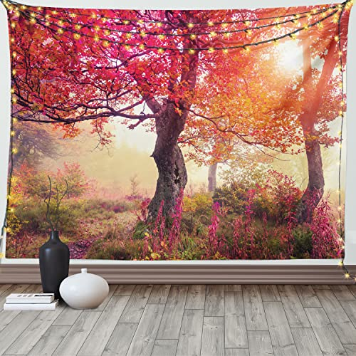 ABAKUHAUS Natur Wandteppich, Blumen im Park Herbst, Wohnzimmer Schlafzimmer Heim Seidiges Satin Wandteppich, 200 x 150 cm, Braun Rot
