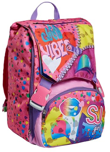 SJ Rucksack, Schulranzen für Grundschule, ab 1. Klasse, Erweiterbarer Schulranzen, Extra Volumen; Geräumige Schultasche für Mädchen und Jungen, rosa/Muster, mit Flip-System