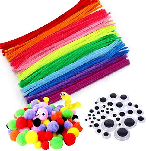 Pfeifenputzer Bunt zum Basteln, 500 Stück DIY Pfeifenreiniger Basteln, Bunte Mini Pompons mit Kulleraugen, Pfeifenreiniger für Bastelzubehör Dekorationen