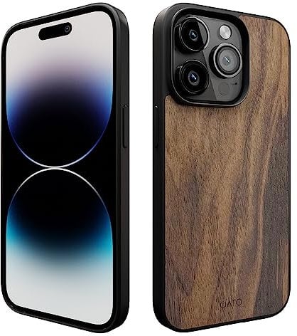 iATO iPhone 14 Pro Magnetic Wood Case. Unique & Classy Shockproof Protective Cover. Compatible with MagSafe & Wireless Charging Real Wooden Overlay on Soft Black TPU - Natural Walnut