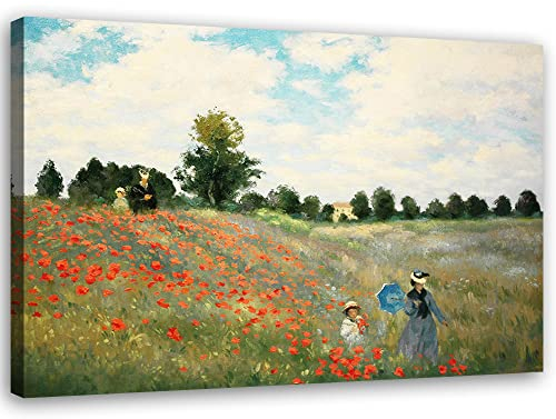 Feeby Vlies Leinwandbild XXL Claude Monet Mohnblumen Vervielfältigung 120x80 cm Wandbild Kunst Bilder Schlafzimmer Deko Wohnzimmer Landschaft Wiese Natur mehrfarbig