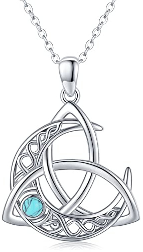 Midir&Etain Keltische Kette 925 Sterling Silber Keltischer Mond Anhänger Halskette Trinity Knot Türkis Mond Göttin Halskette Schmuck Geschenke für Frauen Damen Mädchen