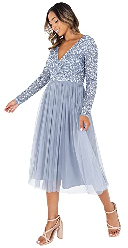 Maya Deluxe Damen Maya Deluxe Midi Elegant Wedding Sleeves Deep V Neck Sequins Cocktail Prom Bridesmaid Dress, Dusty Blue, 48 EU