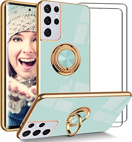 ATISIJIE Coque pour Samsung Galaxy S21 Ultra 5G Etui avec 2 Verre Trempé Protection écran, Support Rotatif à 360° Support de Voiture Silicone Antichoc Housse, Étui Ultra-Fin pour Femme Cyan Clair