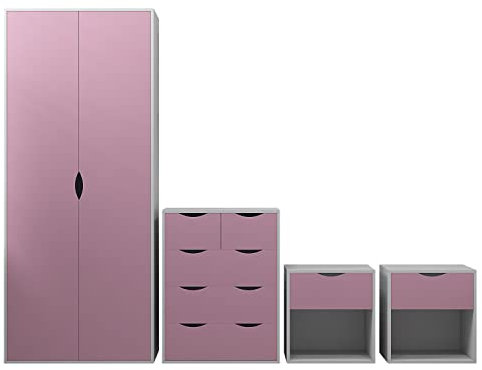 AFN Delvito 4 Piece Bedroom Furniture Set - Includes Wardrobe, 5 Drawer Chest, Bedside Cabinet (Pink on White)