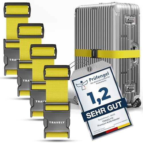 Travely® Premium Koffergurt - Besonders Auffällig & Sicher - Inkl. 4 Namensschildern - Gepäckband ideal über Kreuz - [4er Set] - Gelb