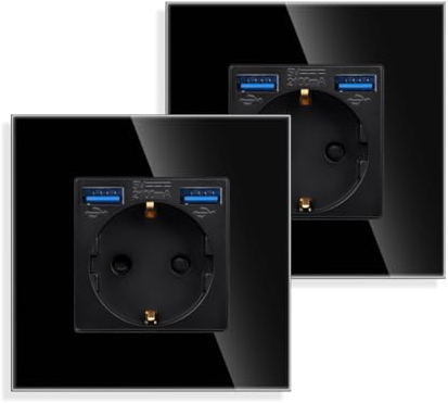 JIMEIDA Paquete de 2 tomas de corriente individuales con USB en negro, 16 A, toma Schuko de cristal con carga rápida, conector USB máx. 2,1 A, 86 mm, 250 V, 1 compartimento