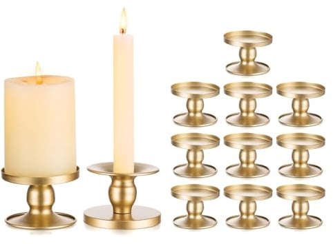 Romadedi Kerzenständer Gold Stabkerzen Metall - 12er Set Kerzenhalter Stabkerze Stumpenkerzen Vintage Morden Deko für Hochzeit Tischdeko Weihnachten Wohnzimmer Adventskranz