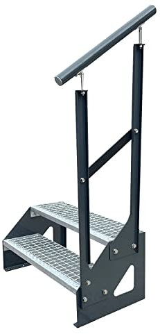 Caillebotis acier Escalier à limon 2 Marches Autoportant Entièrement galvanisé et Anthracite Côtés revêtus de poudre avec garde-corps à droite - Dimensions (L x l x H) 44cm x 60cm x 38cm