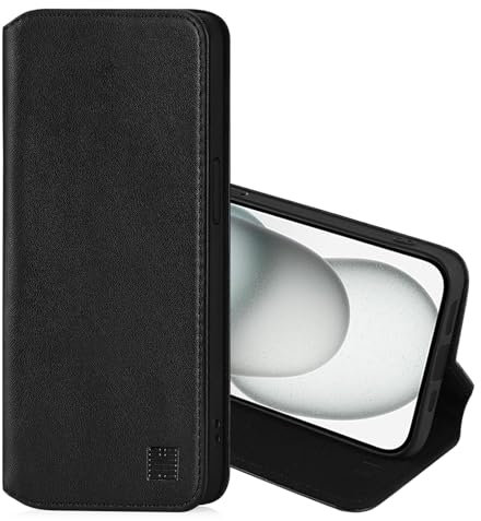 32nd Classic Series 2.0 - Real Leather Book Wallet Flip Case Cover For Apple iPhone 15 (6.1), With RFID Blocking Card Slot, Magnetic Closure and Built In Stand - Black