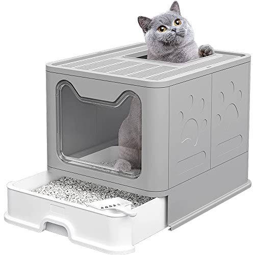 Katzenklo, Katzentoilette mit Deckel, Katzenklo inklusive Schaufel, ausziehbares Tablett, 2 Öffnungen, auslaufsicherer Boden. (A-Grau)