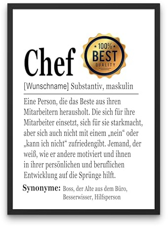 PURESIZE Personalisiertes Geschenk Chef, Bild Din A4 und A3 (Rahmen optional), Weihnachten, Geburtstag, Dankeschön, Abschied