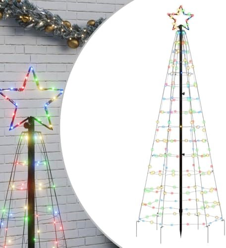 vidaXL Árbol de Navidad LED con estacas 220 Leds de Colores 180 cm, decoración navideña, luz navideña, luz LED, luz navideña para Exteriores, árbol de Cono de Navidad