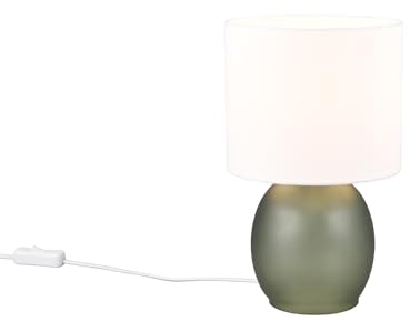 Klassische Tischleuchte mit Glasfuß Grün und Stoffschirm Weiß, Höhe 29cm