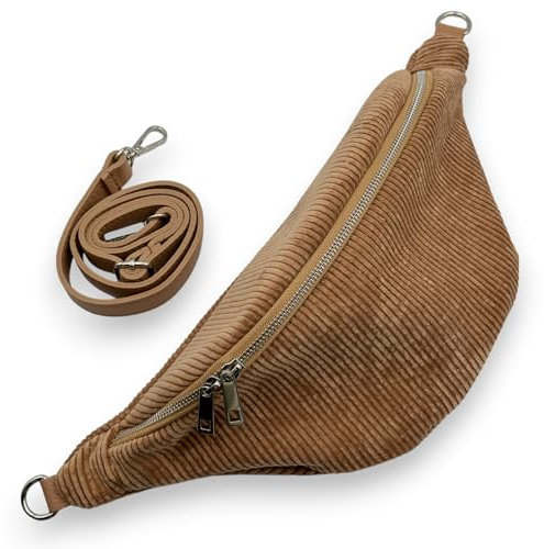 Bauchtasche Cord, Stylische Gürteltasche Damen mit Crossbody Echt Leder Gurt, Made in Italy Umhängetasche (Taupe)